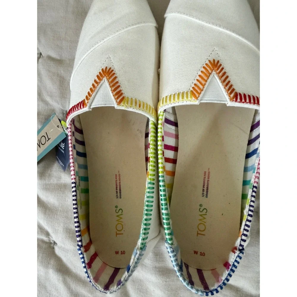 TOMS Alpargata White‎ Rainbow Embroidered Canvas Slip On 10 Shoes Sneaker